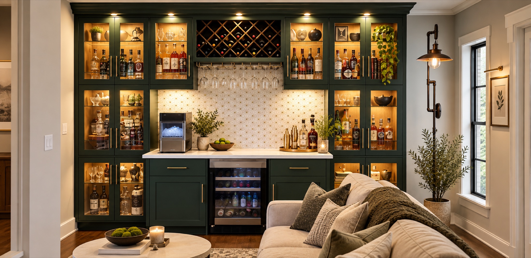 Deep green bar cabinetry with illuminated bottle and wine storage
