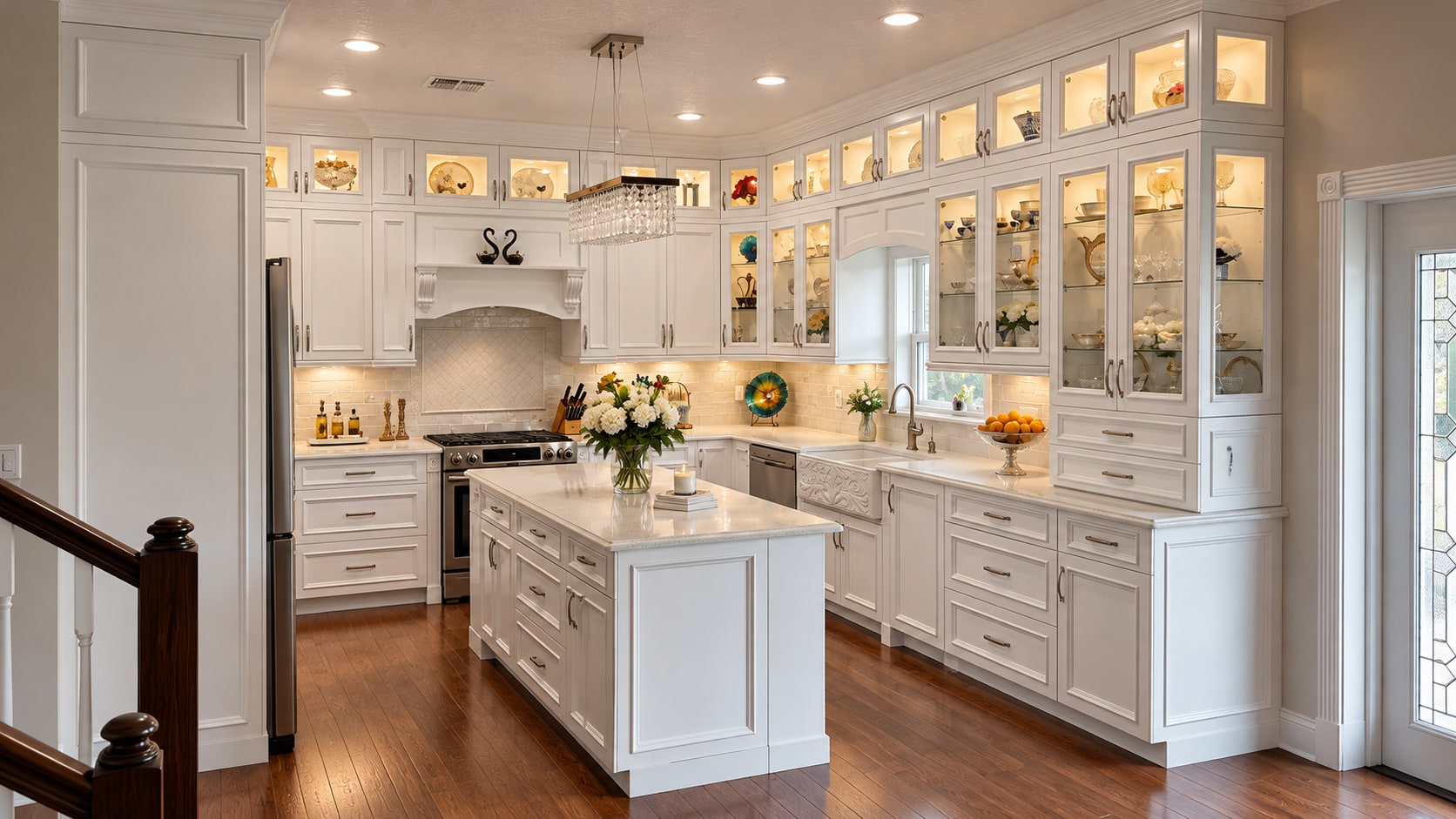 Bright white custom kitchen cabinetry with an island, glass-front displays, and a central chandelier