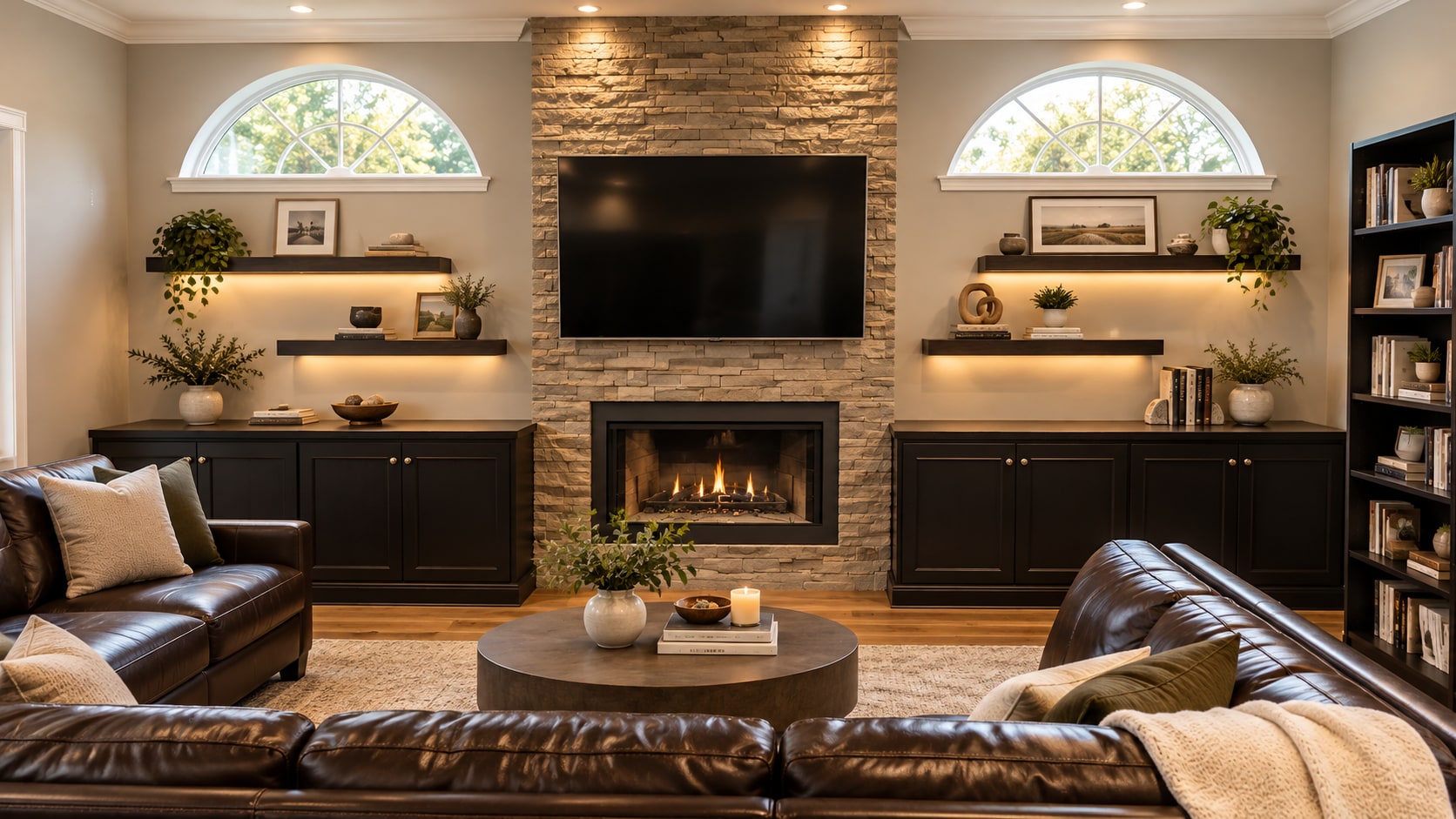 Dark living-room built-ins surrounding a stone fireplace and television, with open display shelves