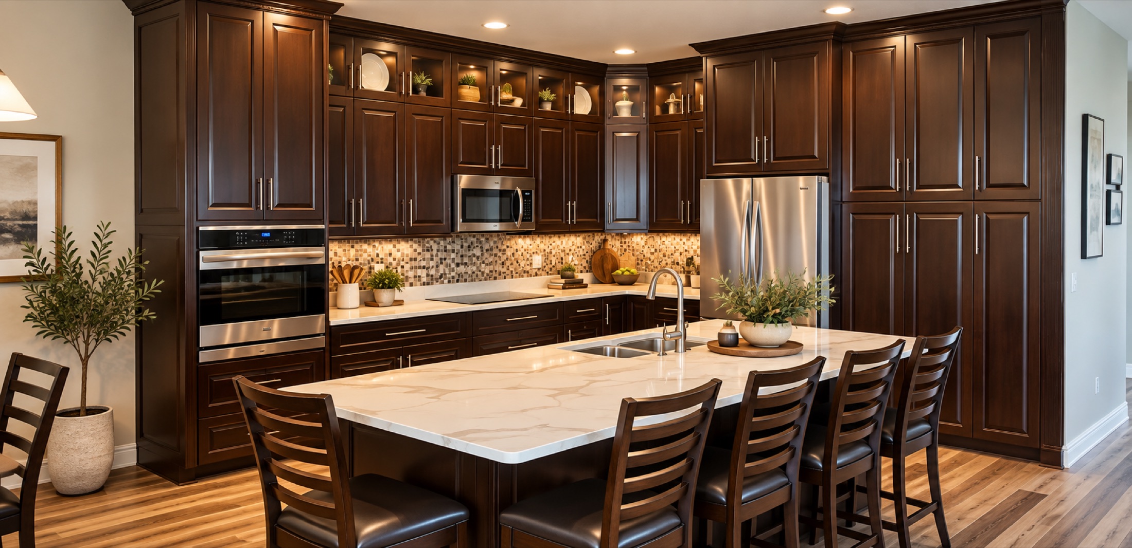 Espresso custom kitchen cabinetry with a marble island and seating