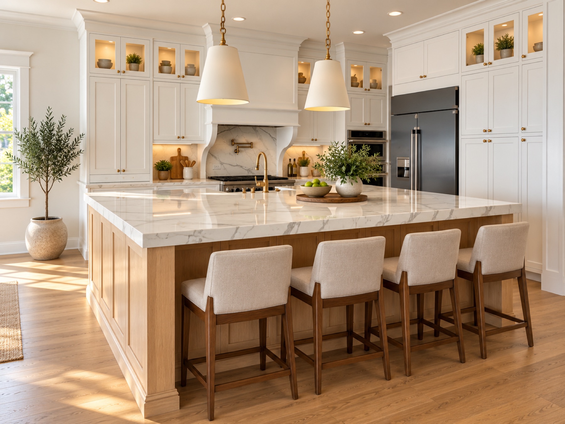 Light custom kitchen with a white island and natural wood accents