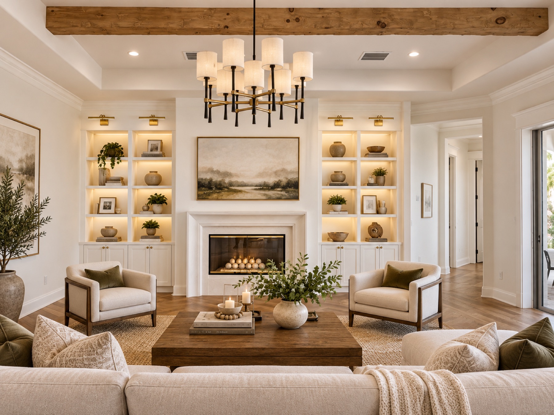Living room fireplace framed by custom illuminated built-in shelving