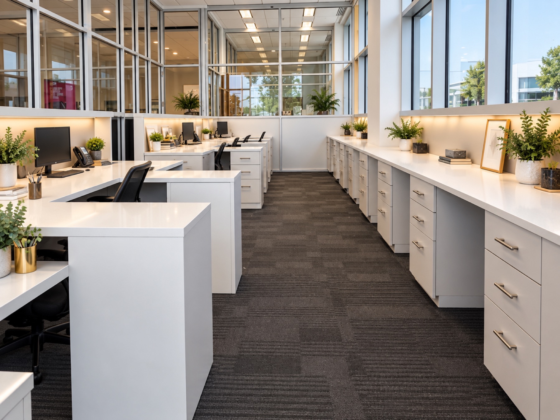 Contemporary office with custom white workstations and storage cabinetry