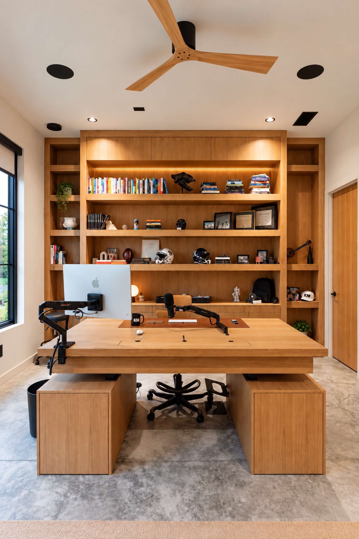 Warm walnut home office with a custom built-in desk, shelves, and storage