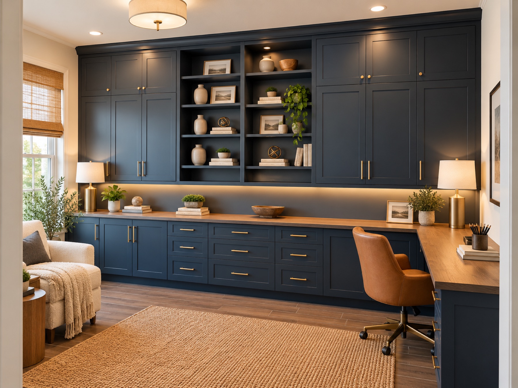 Navy built-in cabinetry, open shelves, and a desk in a home study