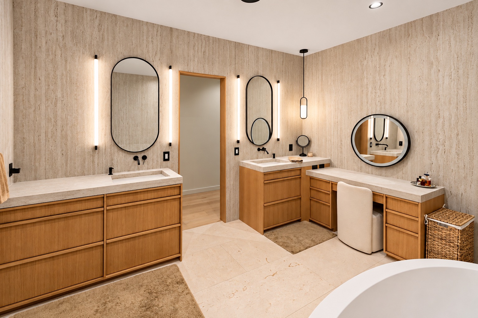 Tampa home bathroom with twin natural-wood vanities, stone counters, and round mirrors