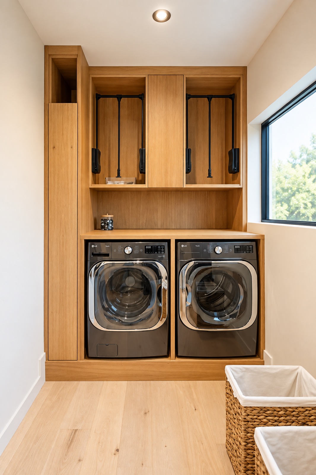 Tampa home laundry room with custom oak washer and dryer cabinetry, storage, and hanging rails