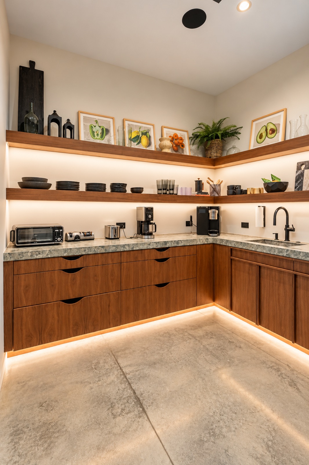 Tampa home pantry and scullery with walnut cabinetry, open display shelving, and under-cabinet lighting