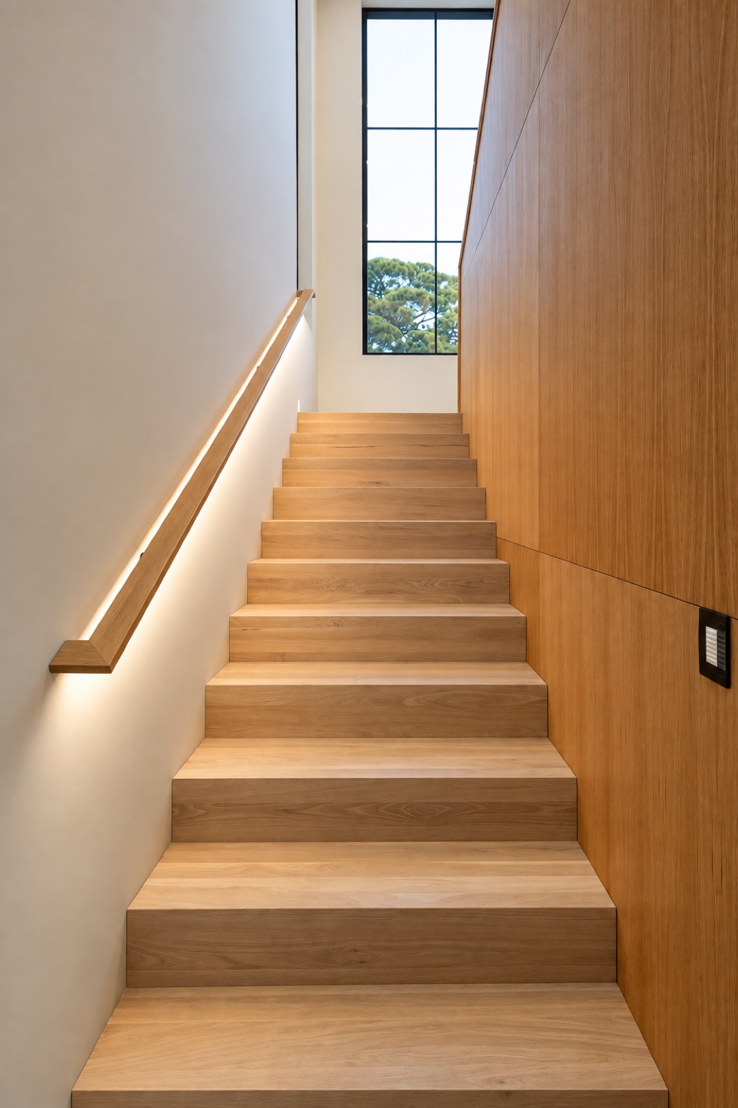 Tampa home oak stair hall with a custom wall panel system, illuminated handrail, and tall window
